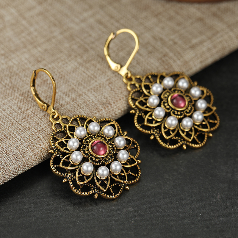 Women's Vintage Floral Hook Dangle Earrings with Imitation Pearl, Wedding Gift